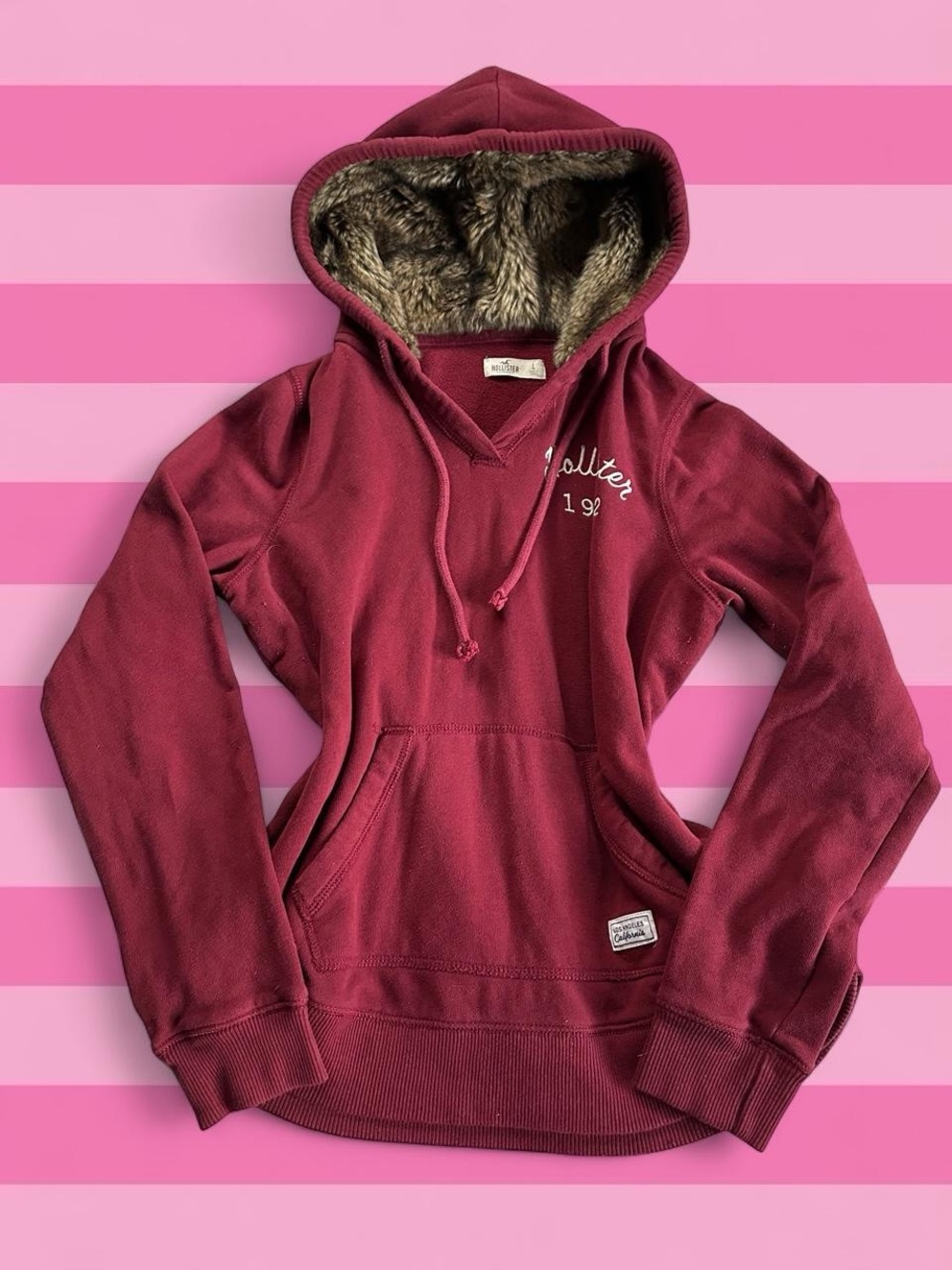 Y2K Hollister Maroon Faux-Fur Lined Pullover Hoodie